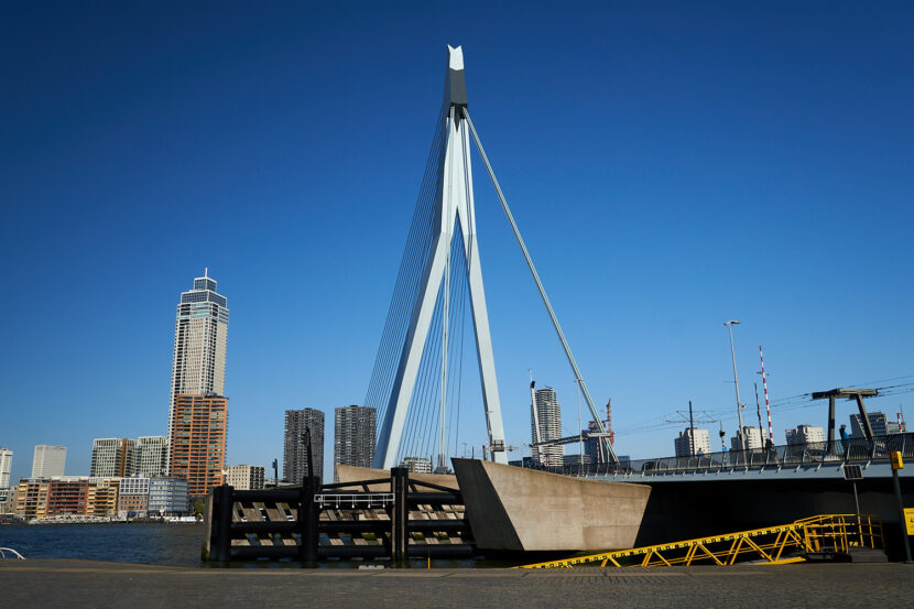 Auf diesem Bild ist die Erasmusbrücke in Rotterdam zu sehen. Man sieht insbesondere die hohe Konstruktion an der die ikonischen Stahlseile der Brücke befestigt sind.